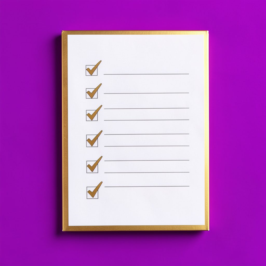 Crisp studio photograph of a checklist with checkmarks on a seamless violet backdrop, warm gold accents along the edges