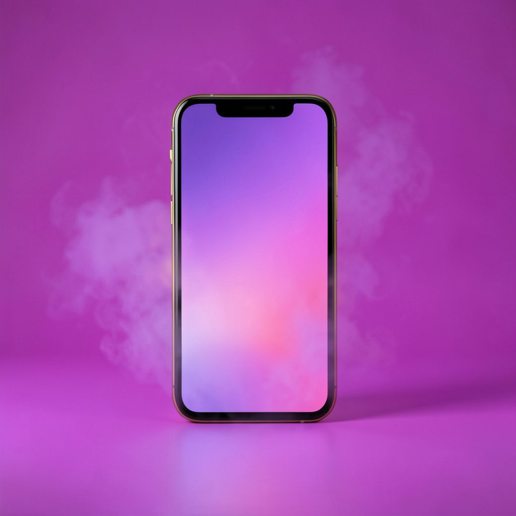 A crisp studio photograph on a seamless backdrop showing a stylized smartphone with a glowing purple-to-pink gradient screen, surrounded by soft violet haze and warm gold accents