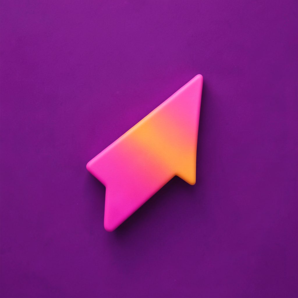 Crisp studio photograph of a download arrow icon rendered in pink-to-orange gradient on a seamless deep purple backdrop