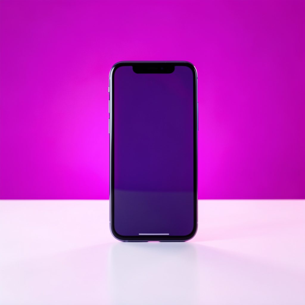 Studio photograph of a smartphone on a clean white surface, glowing softly with pink and violet highlights